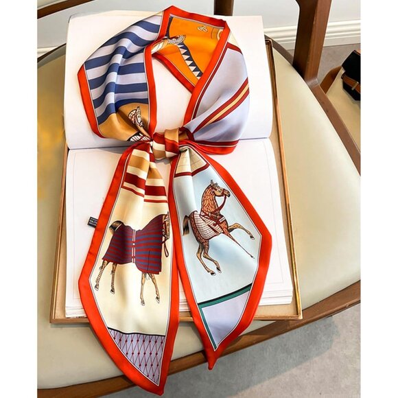 Women's Steed Orange Red Fashion Oblique Angle Silk Neck Scarf Printed Scarves - Picture 3 of 6